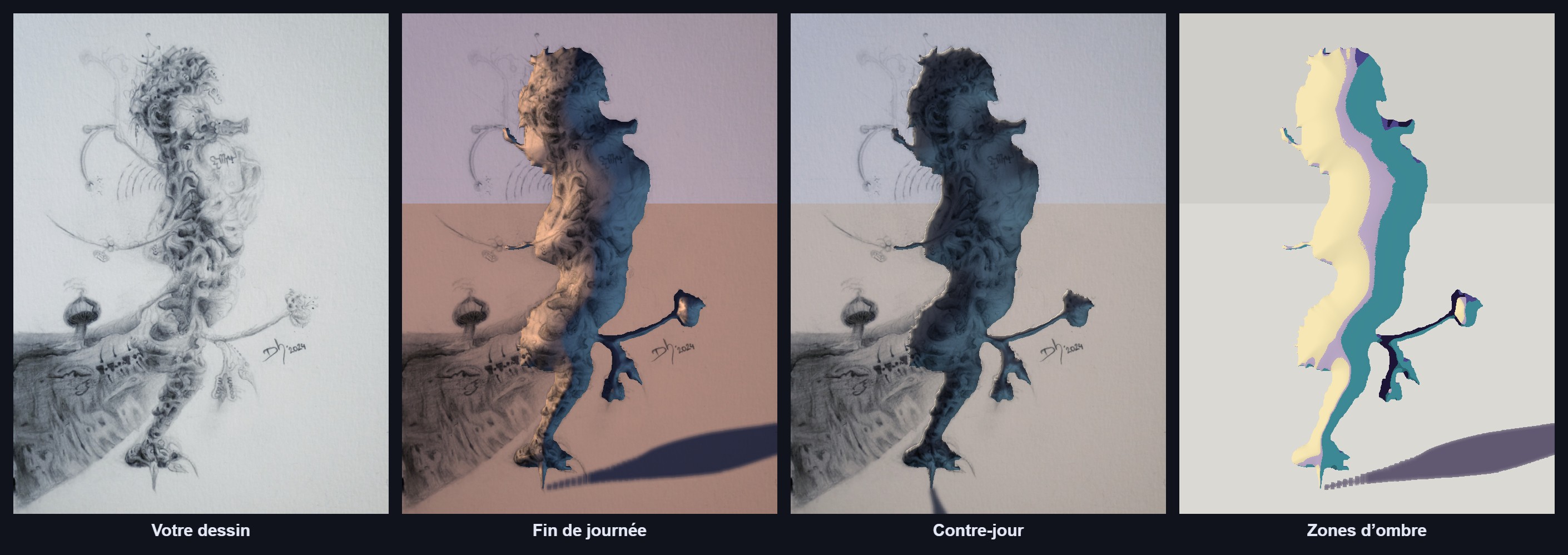 Un dessin au crayon d'une créature organique, puis la même créature éclairée en fin de journée et en contre-jour avec son ombre portée, puis en zones d'ombre