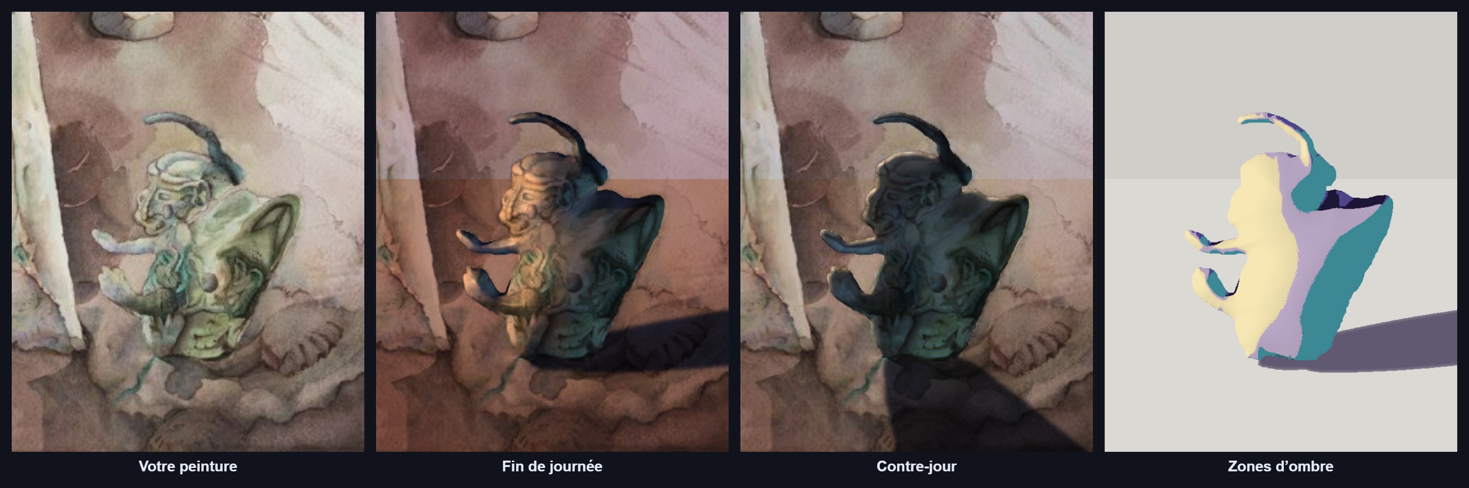 Une créature au milieu d'une aquarelle, détourée d'un simple cadre, éclairée en fin de journée puis en contre-jour avec son ombre portée, puis en zones d'ombre