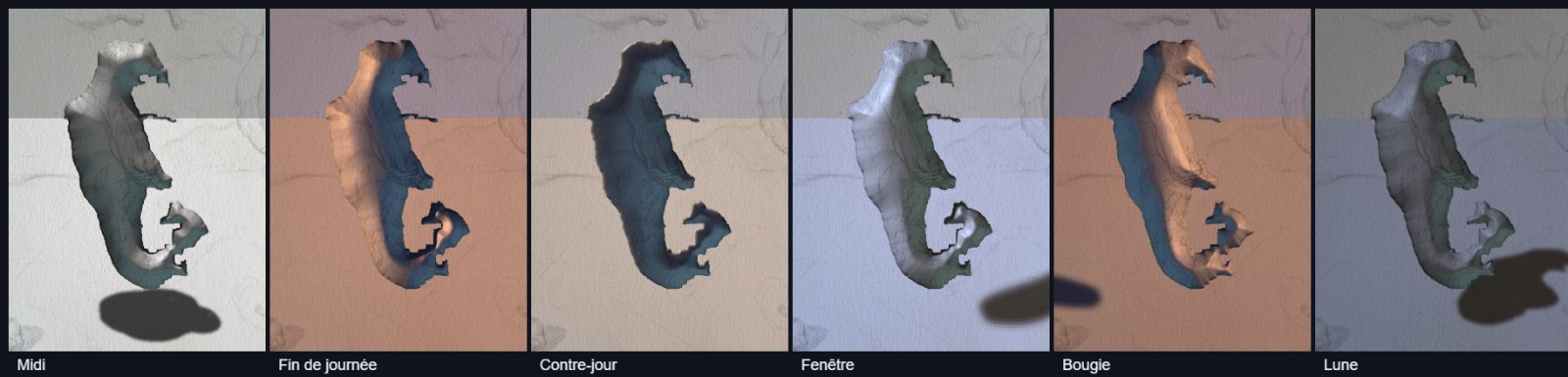 Un même croquis sous six lumières : midi, fin de journée, contre-jour, fenêtre, bougie et lune