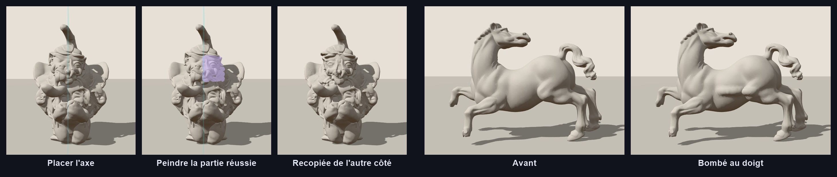 Captures de l'application : sur une sculpture, l'axe de symétrie est placé, la partie réussie du visage est peinte en violet puis recopiée de l'autre côté ; sur un cheval sculpté, le ventre est bombé au doigt